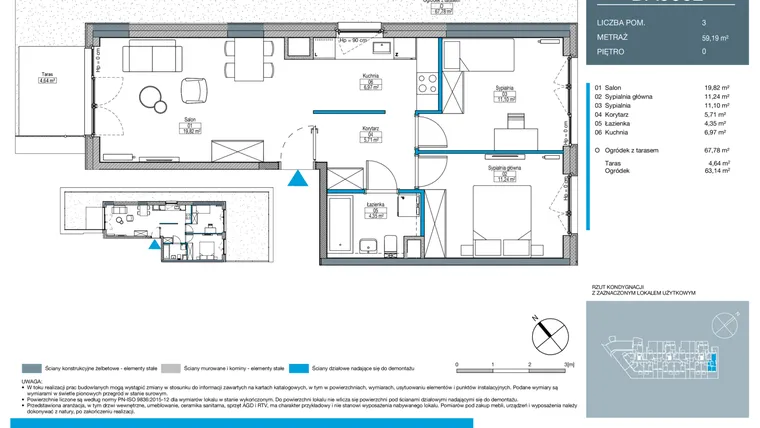Rzut - Mieszkanie na sprzedaż 3 pokoje o powierzchni 59,19 m² - numer DA0002 w Talarowa Park II