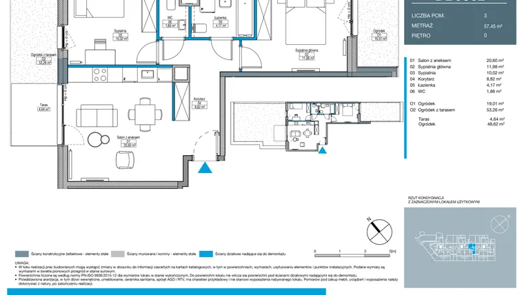 Rzut - Mieszkanie na sprzedaż 3 pokoje o powierzchni 57,45 m² - numer DB0002 w Talarowa Park II