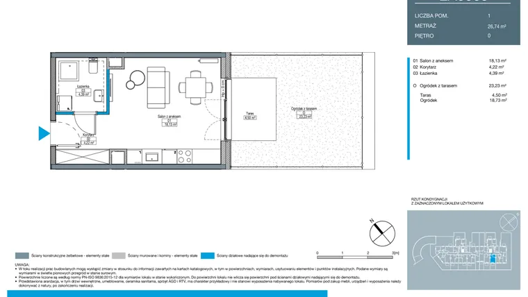Rzut - Mieszkanie na sprzedaż 1 pokój o powierzchni 26,74 m² - numer EA0003 w Talarowa Park II