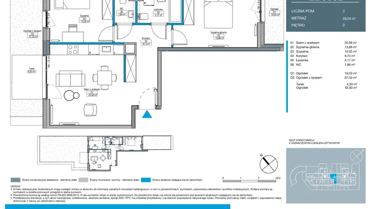 Rzut - Mieszkanie na sprzedaż 3 pokoje o powierzchni 59,04 m² - numer EB0002 w Talarowa Park II
