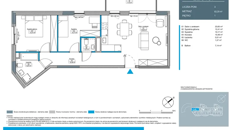 Rzut - Mieszkanie na sprzedaż 3 pokoje o powierzchni 63,29 m² - numer EB0107 w Talarowa Park II