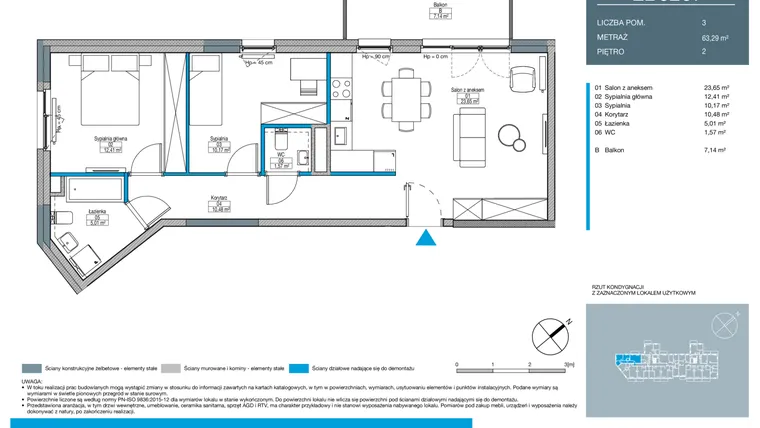 Rzut - Mieszkanie na sprzedaż 3 pokoje o powierzchni 63,29 m² - numer EB0207 w Talarowa Park II