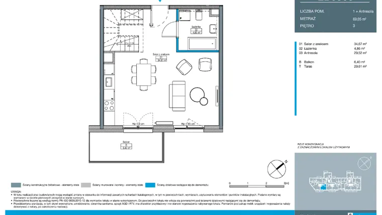 Rzut - Mieszkanie na sprzedaż 2 pokoje o powierzchni 69,05 m² - numer EB0305 w Talarowa Park II