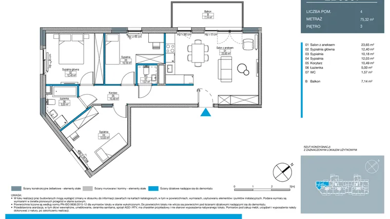 Rzut - Mieszkanie na sprzedaż 4 pokoje o powierzchni 75,32 m² - numer EB0307 w Talarowa Park II