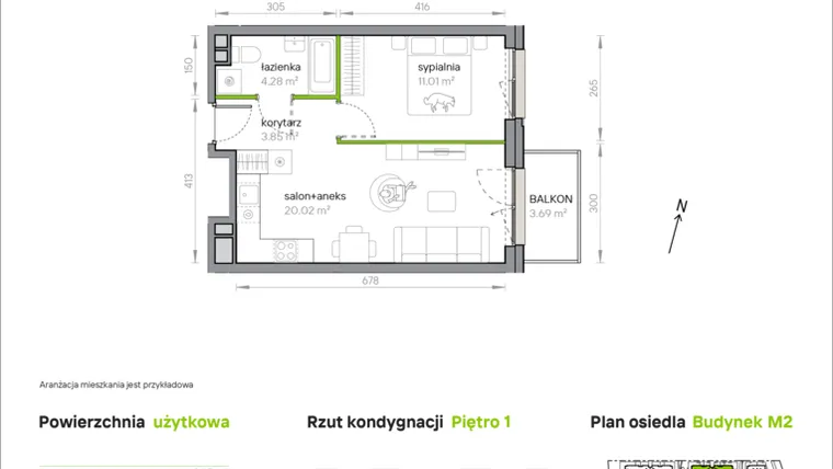 Rzut - Mieszkanie na sprzedaż 2 pokoje o powierzchni 39,16 m² - numer M2/1/1/12 w Przy Parku Vita