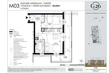 Rzut - Mieszkanie na sprzedaż 2 pokoje o powierzchni 43,54 m² - numer 3 w Gęsia 26