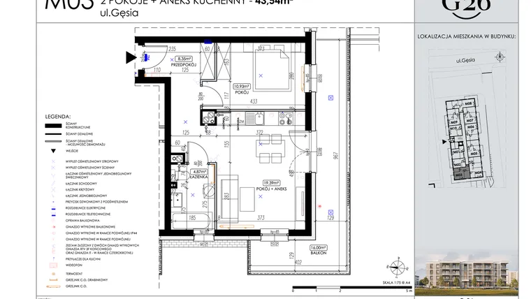 Rzut - Mieszkanie na sprzedaż 2 pokoje o powierzchni 43,54 m² - numer 3 w Gęsia 26