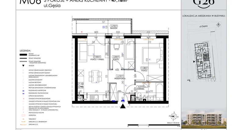 Rzut - Mieszkanie na sprzedaż 3 pokoje o powierzchni 47,16 m² - numer 6 w Gęsia 26