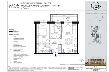Rzut - Mieszkanie na sprzedaż 3 pokoje o powierzchni 47,16 m² - numer 5 w Gęsia 26