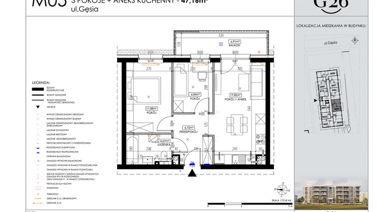 Rzut - Mieszkanie na sprzedaż 3 pokoje o powierzchni 47,16 m² - numer 5 w Gęsia 26