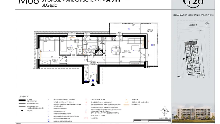 Rzut - Mieszkanie na sprzedaż 3 pokoje o powierzchni 54,51 m² - numer 8 w Gęsia 26