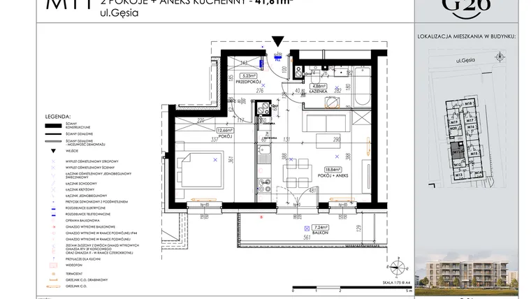 Rzut - Mieszkanie na sprzedaż 2 pokoje o powierzchni 41,61 m² - numer 11 w Gęsia 26