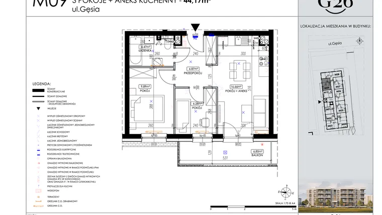 Rzut - Mieszkanie na sprzedaż 3 pokoje o powierzchni 44,17 m² - numer 9 w Gęsia 26