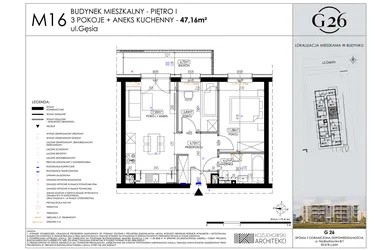 Rzut - Mieszkanie na sprzedaż 3 pokoje o powierzchni 47,16 m² - numer 16 w Gęsia 26