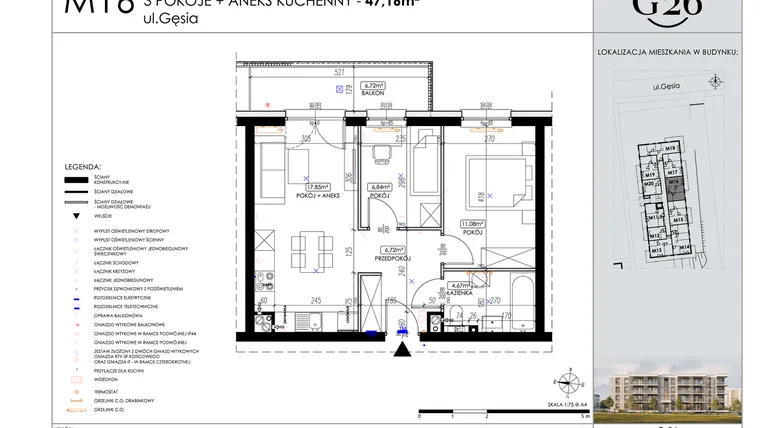 Rzut - Mieszkanie na sprzedaż 3 pokoje o powierzchni 47,16 m² - numer 16 w Gęsia 26