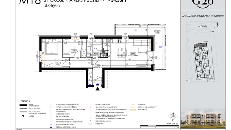 Rzut - Mieszkanie na sprzedaż 3 pokoje o powierzchni 54,53 m² - numer 18 w Gęsia 26