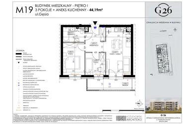 Rzut - Mieszkanie na sprzedaż 3 pokoje o powierzchni 44,19 m² - numer 19 w Gęsia 26