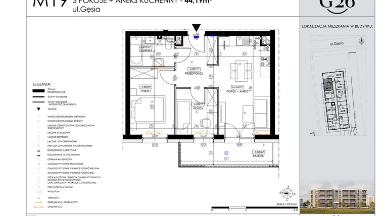 Rzut - Mieszkanie na sprzedaż 3 pokoje o powierzchni 44,19 m² - numer 19 w Gęsia 26