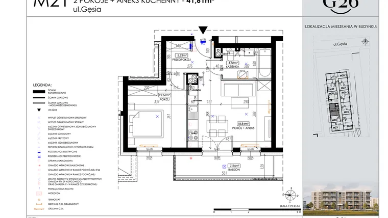 Rzut - Mieszkanie na sprzedaż 2 pokoje o powierzchni 41,61 m² - numer 21 w Gęsia 26