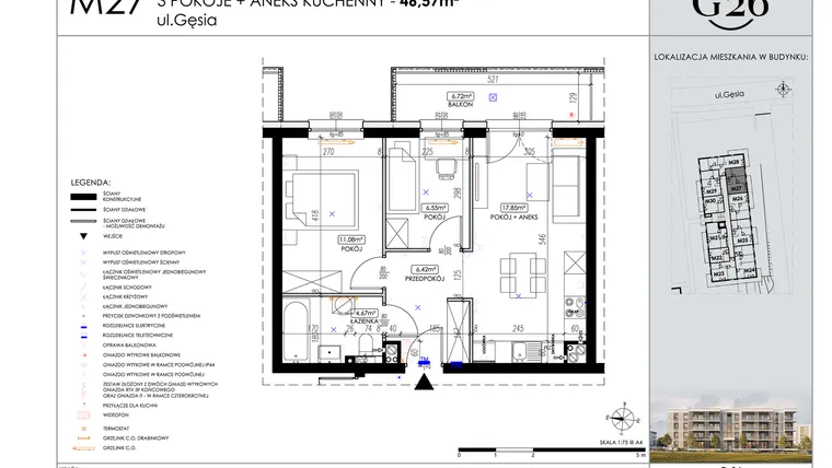 Rzut - Mieszkanie na sprzedaż 3 pokoje o powierzchni 46,57 m² - numer 27 w Gęsia 26