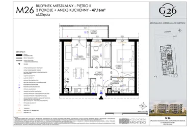 Rzut - Mieszkanie na sprzedaż 3 pokoje o powierzchni 47,16 m² - numer 26 w Gęsia 26