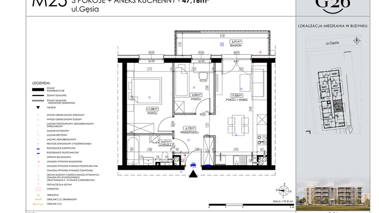 Rzut - Mieszkanie na sprzedaż 3 pokoje o powierzchni 47,16 m² - numer 25 w Gęsia 26