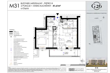 Rzut - Mieszkanie na sprzedaż 2 pokoje o powierzchni 41,61 m² - numer 31 w Gęsia 26