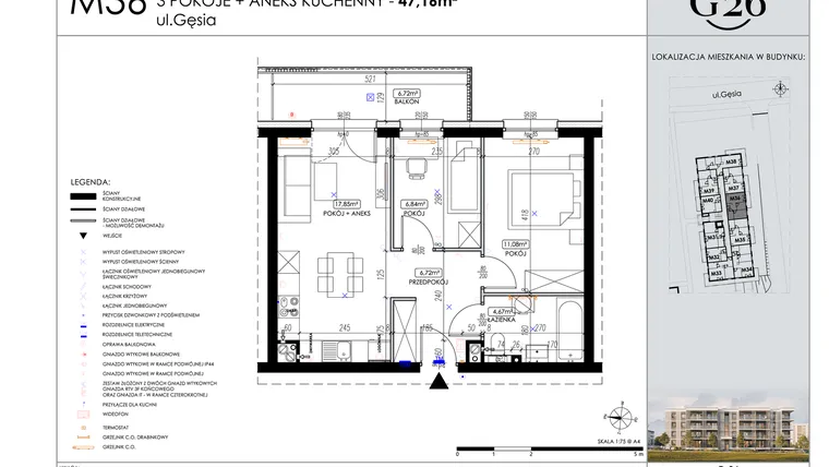 Rzut - Mieszkanie na sprzedaż 3 pokoje o powierzchni 47,16 m² - numer 36 w Gęsia 26