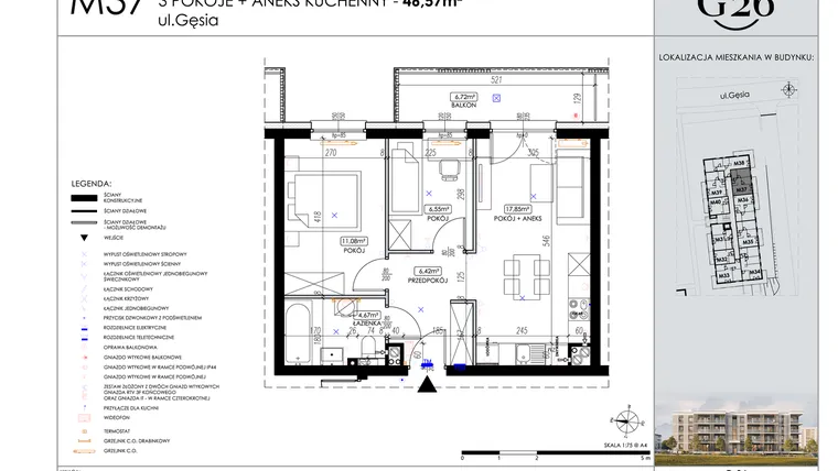 Rzut - Mieszkanie na sprzedaż 3 pokoje o powierzchni 46,57 m² - numer 37 w Gęsia 26