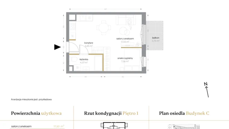 Rzut - Mieszkanie na sprzedaż 1 pokój o powierzchni 33,28 m² - numer C/18 w Królowej Jadwigi