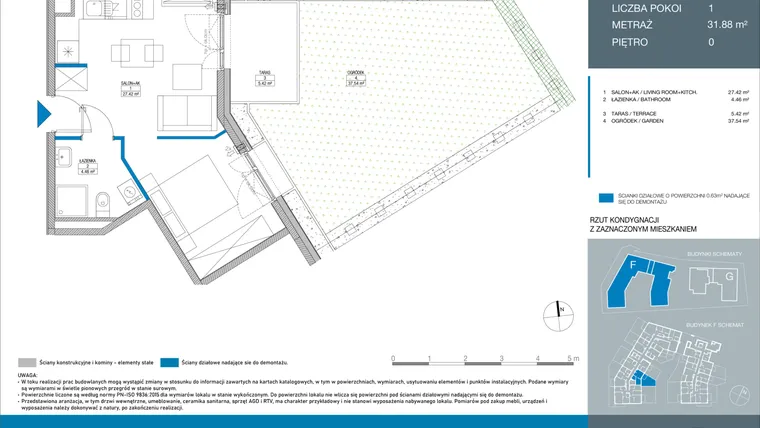 Rzut - Mieszkanie na sprzedaż 2 pokoje o powierzchni 31,88 m² - numer FA0007 w Spokojny Mokotów etap II