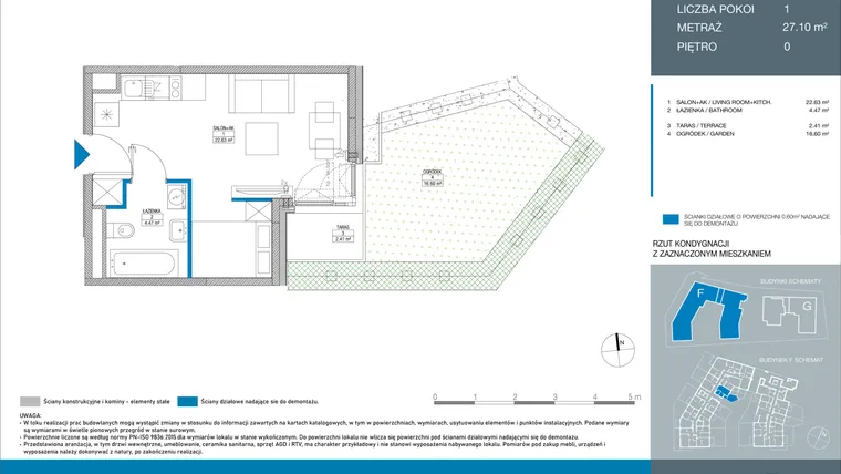 Rzut - Mieszkanie na sprzedaż 1 pokój o powierzchni 27,1 m² - numer FA0005 w Spokojny Mokotów etap II