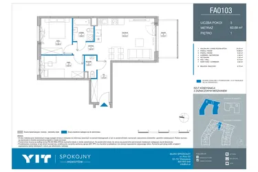 Rzut - Mieszkanie na sprzedaż 3 pokoje o powierzchni 60,68 m² - numer FA0103 w Spokojny Mokotów etap II
