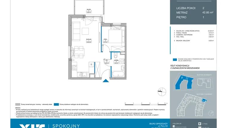 Rzut - Mieszkanie na sprzedaż 2 pokoje o powierzchni 42,85 m² - numer FB0108 w Spokojny Mokotów etap II