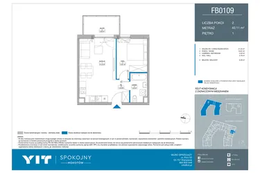 Rzut - Mieszkanie na sprzedaż 2 pokoje o powierzchni 40,11 m² - numer FB0109 w Spokojny Mokotów etap II