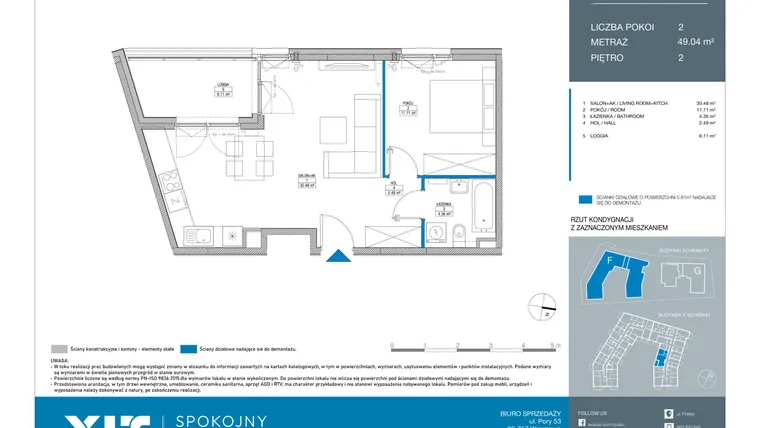 Rzut - Mieszkanie na sprzedaż 2 pokoje o powierzchni 49,04 m² - numer FB0205 w Spokojny Mokotów etap II
