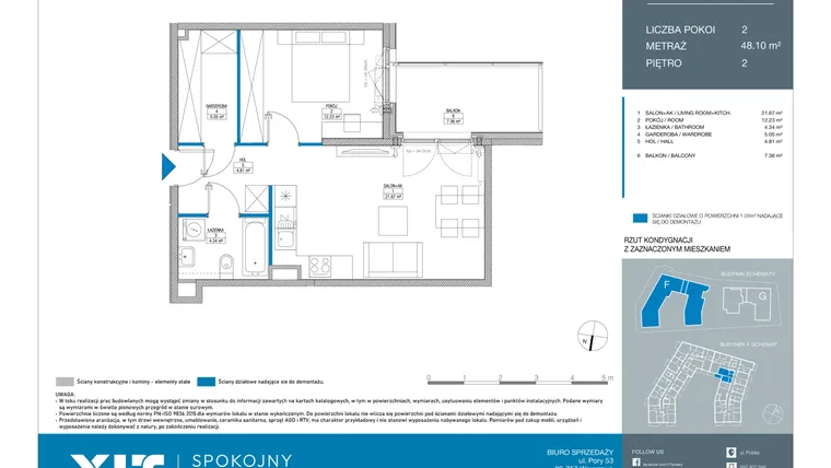Rzut - Mieszkanie na sprzedaż 2 pokoje o powierzchni 48,1 m² - numer FB0206 w Spokojny Mokotów etap II