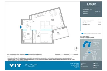 Rzut - Mieszkanie na sprzedaż 2 pokoje o powierzchni 45,87 m² - numer FA0304 w Spokojny Mokotów etap II