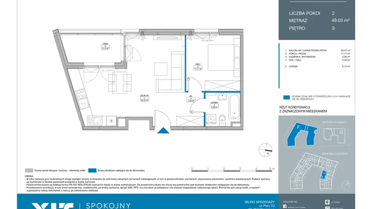 Rzut - Mieszkanie na sprzedaż 2 pokoje o powierzchni 49,03 m² - numer FB0305 w Spokojny Mokotów etap II