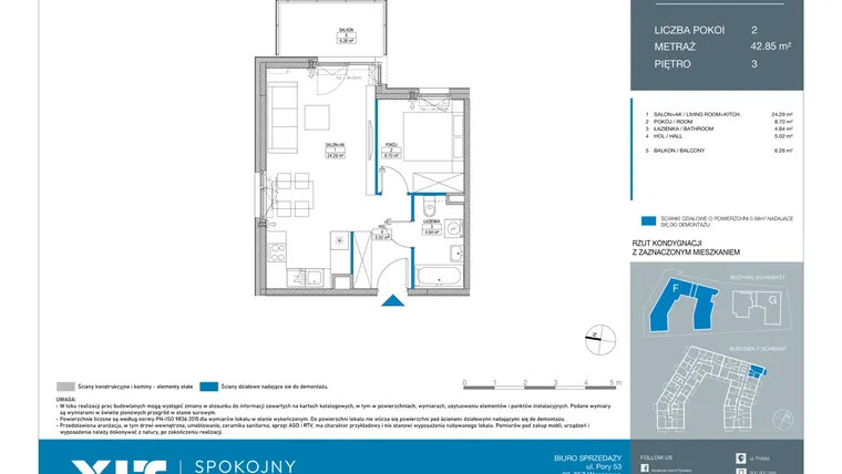 Rzut - Mieszkanie na sprzedaż 2 pokoje o powierzchni 42,85 m² - numer FB0308 w Spokojny Mokotów etap II