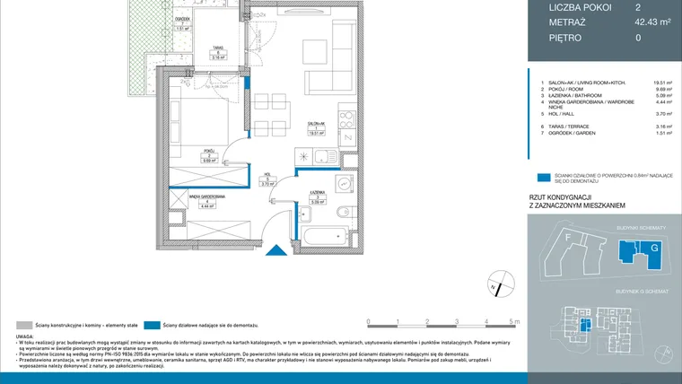 Rzut - Mieszkanie na sprzedaż 2 pokoje o powierzchni 42,34 m² - numer GC0001 w Spokojny Mokotów etap II