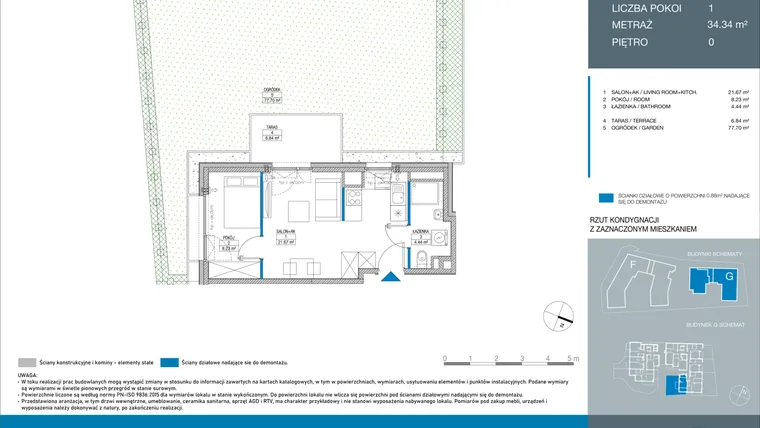 Rzut - Mieszkanie na sprzedaż 2 pokoje o powierzchni 34,34 m² - numer GD0004 w Spokojny Mokotów etap II