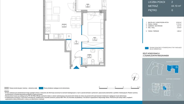 Rzut - Mieszkanie na sprzedaż 2 pokoje o powierzchni 44,1 m² - numer GD0005 w Spokojny Mokotów etap II