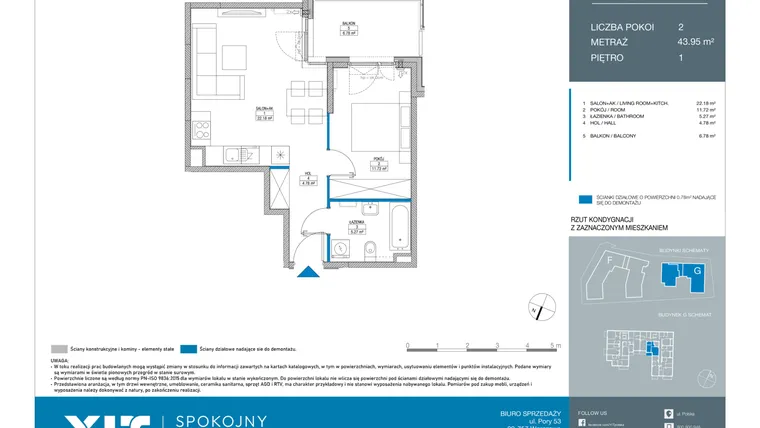 Rzut - Mieszkanie na sprzedaż 2 pokoje o powierzchni 43,95 m² - numer GD0105 w Spokojny Mokotów etap II