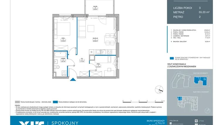 Rzut - Mieszkanie na sprzedaż 3 pokoje o powierzchni 55,2 m² - numer GC0204 w Spokojny Mokotów etap II