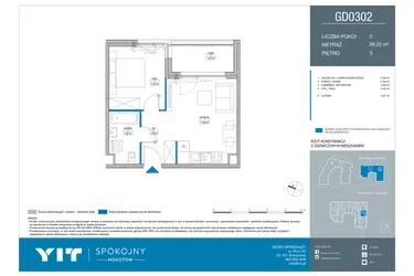 Rzut - Mieszkanie na sprzedaż 2 pokoje o powierzchni 38,22 m² - numer GD0302 w Spokojny Mokotów etap II