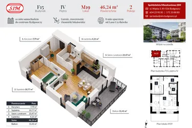 Rzut - Mieszkanie na sprzedaż 2 pokoje o powierzchni 46,24 m² - numer 19 w Tęczowy Zakątek F-15