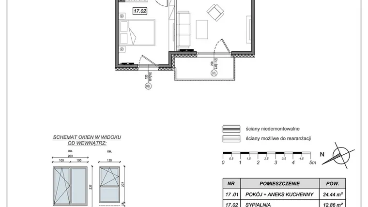 Rzut - Mieszkanie na sprzedaż 2 pokoje o powierzchni 46,03 m² - numer 9.A.17 w Nowe Południe bud. 9