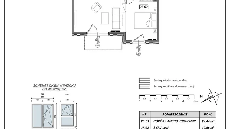 Rzut - Mieszkanie na sprzedaż 2 pokoje o powierzchni 46,03 m² - numer 9.B.27 w Nowe Południe bud. 9