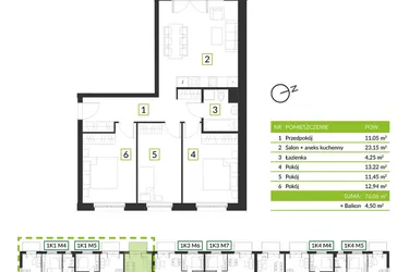 Rzut - Mieszkanie na sprzedaż 4 pokoje o powierzchni 76,06 m² - numer 1K1 M6 w Osiedle Krzeptów przy lesie